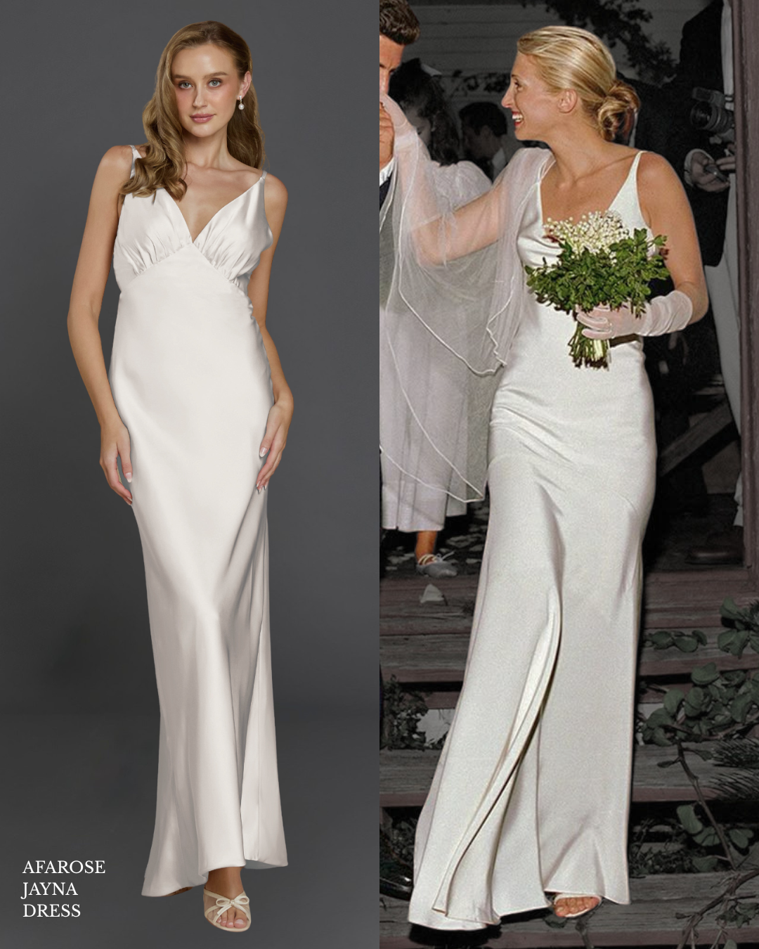Bride wearing a satin slip wedding dress with thin straps and minimalist silhouette, inspired by Carolyn Bessette Kennedy